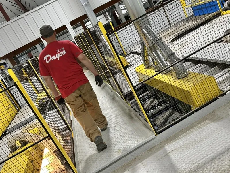 A Dayco installer walking on a mezzanine past large exposed ductwork in a warehouse